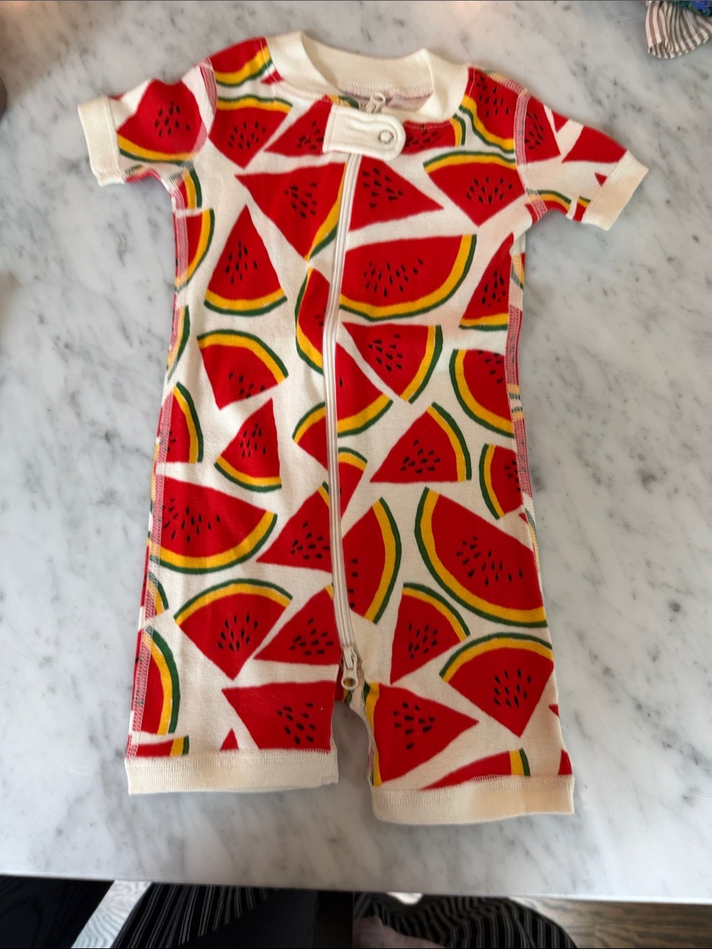 Hanna Andersson Watermelon Zip Short-Sleeve One-Piece - Red/White/Green/Yellow